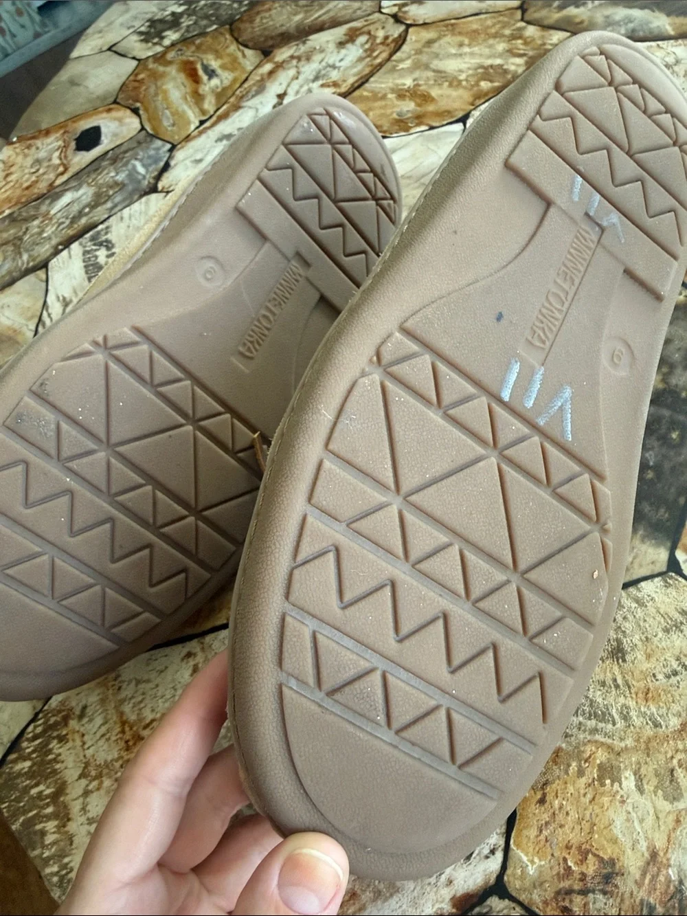 Minnetonka Chestnut Suede Moccasin Slipper with Shearling Lining